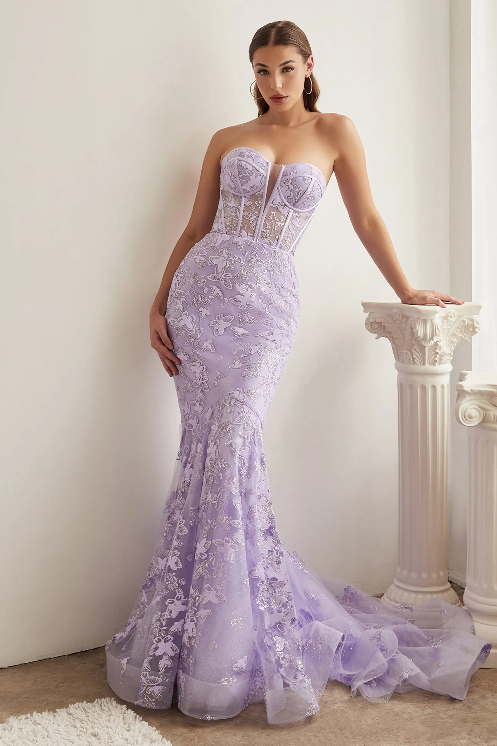 CINDERELLA DIVINE CB099 Strapless Butterfly Print Mermaid Gown