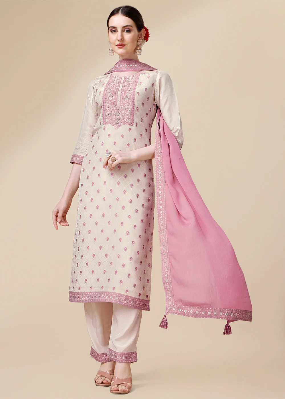 Cream White & Pink Tissue Silk Suit with Elegant Sequins & Zardosi Work