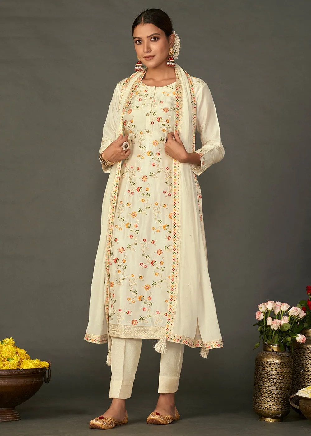 Cream White Dola Silk Suit Featuring Jacquard Pattern Weaving