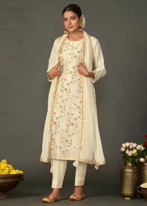 Cream White Dola Silk Suit Featuring Jacquard Pattern Weaving