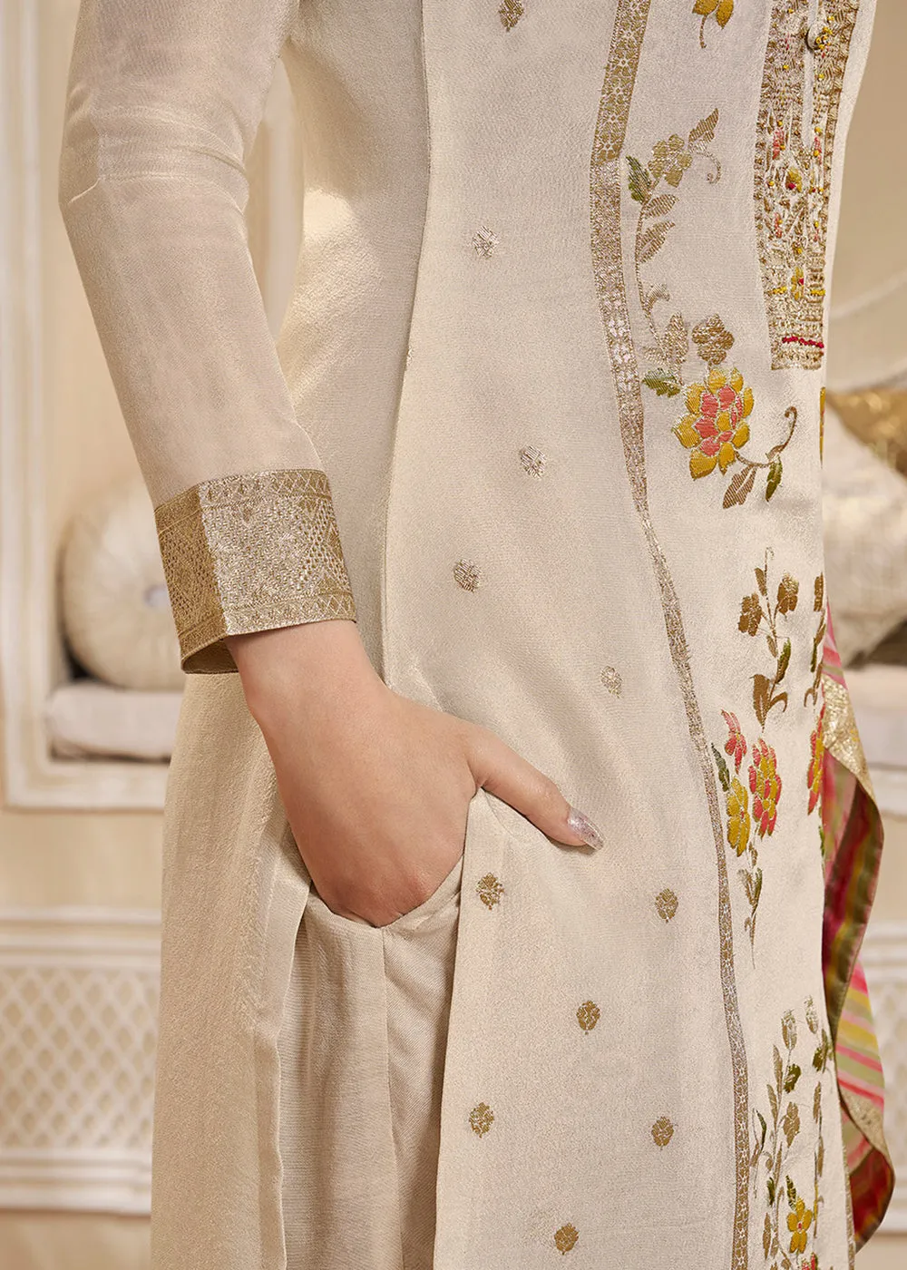 Cream White Tissue Silk Suit Featuring Designer Panel & Thread Weaving Work