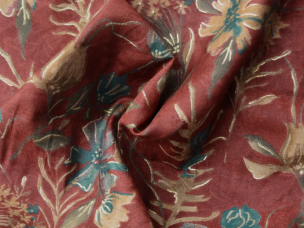 Dark Brown Floral Premium Modal Chanderi Silk Fabric