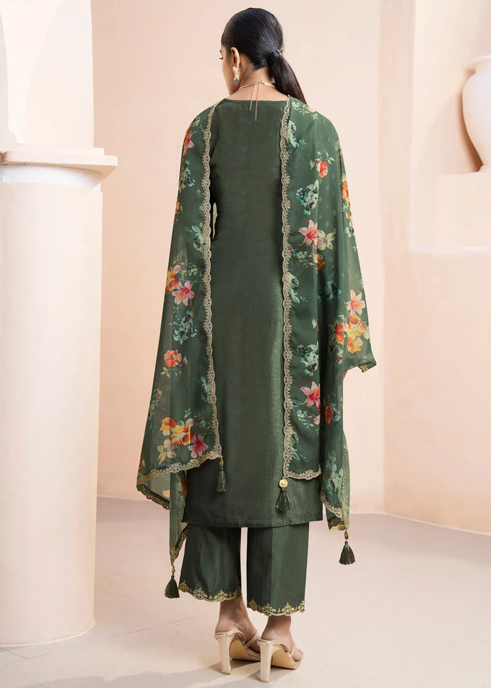 Dark Olive Green Dola Silk Suit Adorned with Applique Patch and Sequin Work