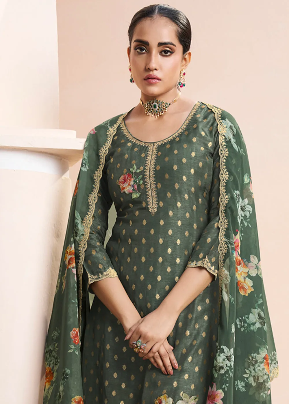 Dark Olive Green Dola Silk Suit Adorned with Applique Patch and Sequin Work