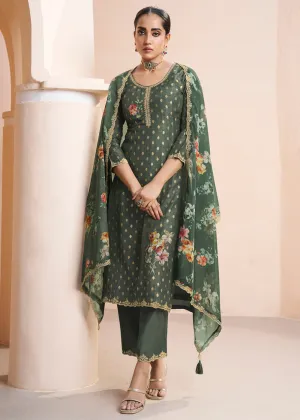 Dark Olive Green Dola Silk Suit Adorned with Applique Patch and Sequin Work