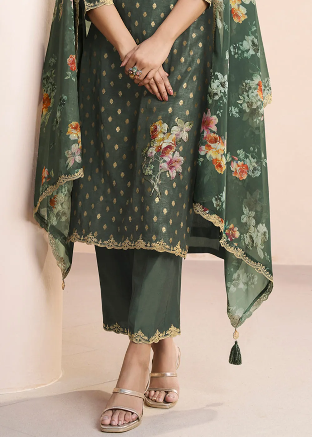 Dark Olive Green Dola Silk Suit Adorned with Applique Patch and Sequin Work