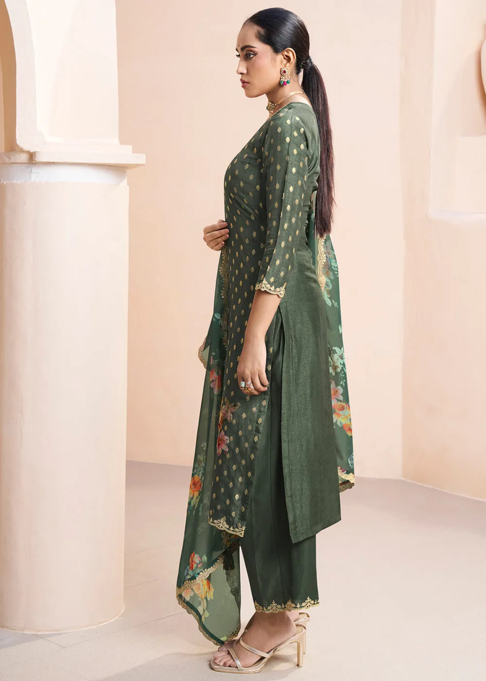 Dark Olive Green Dola Silk Suit Adorned with Applique Patch and Sequin Work