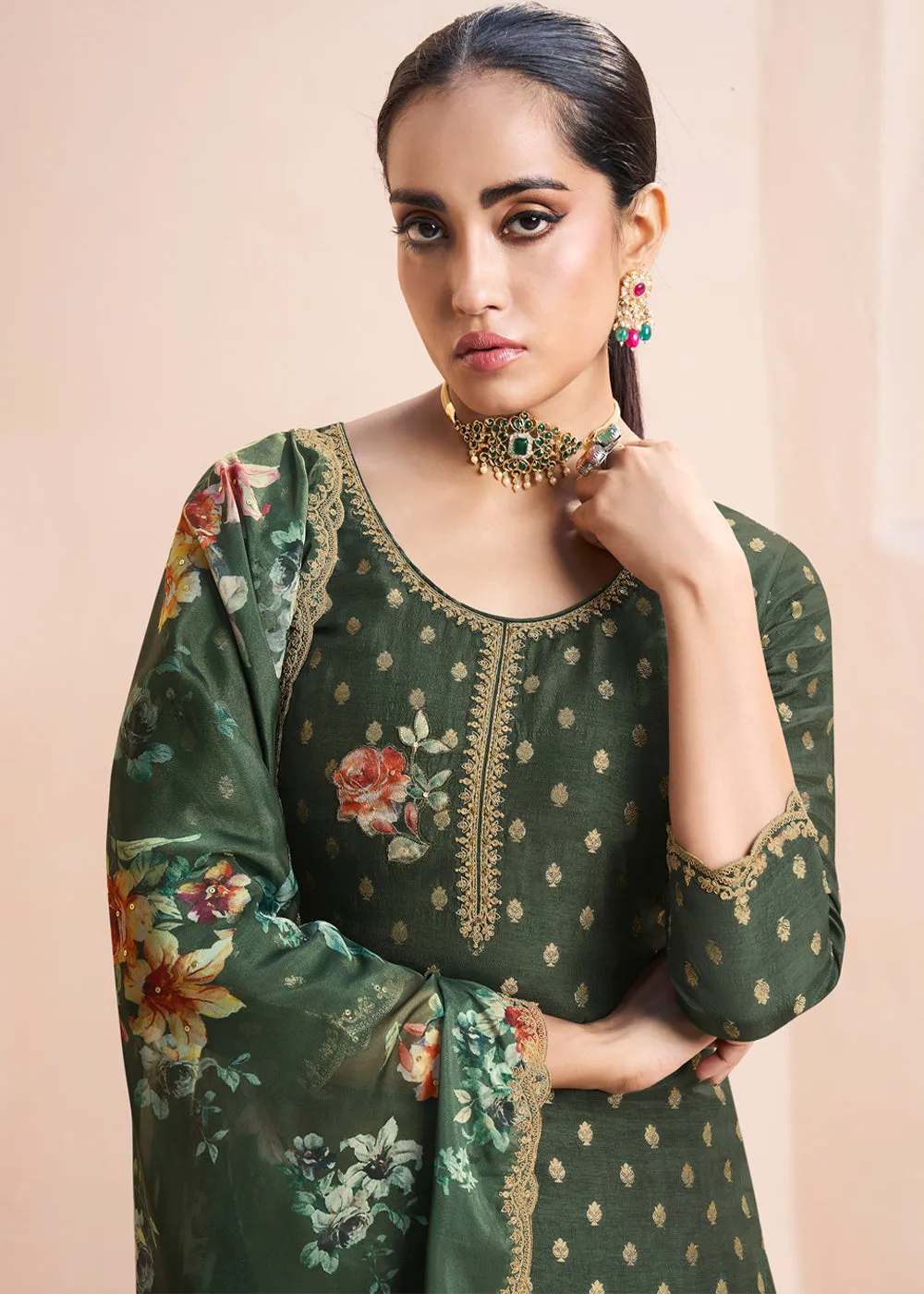 Dark Olive Green Dola Silk Suit Adorned with Applique Patch and Sequin Work