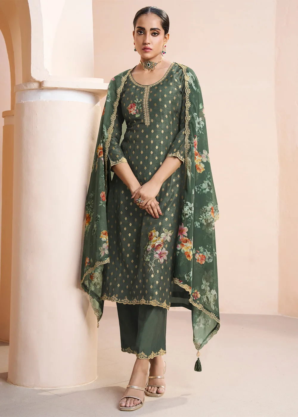 Dark Olive Green Dola Silk Suit Adorned with Applique Patch and Sequin Work