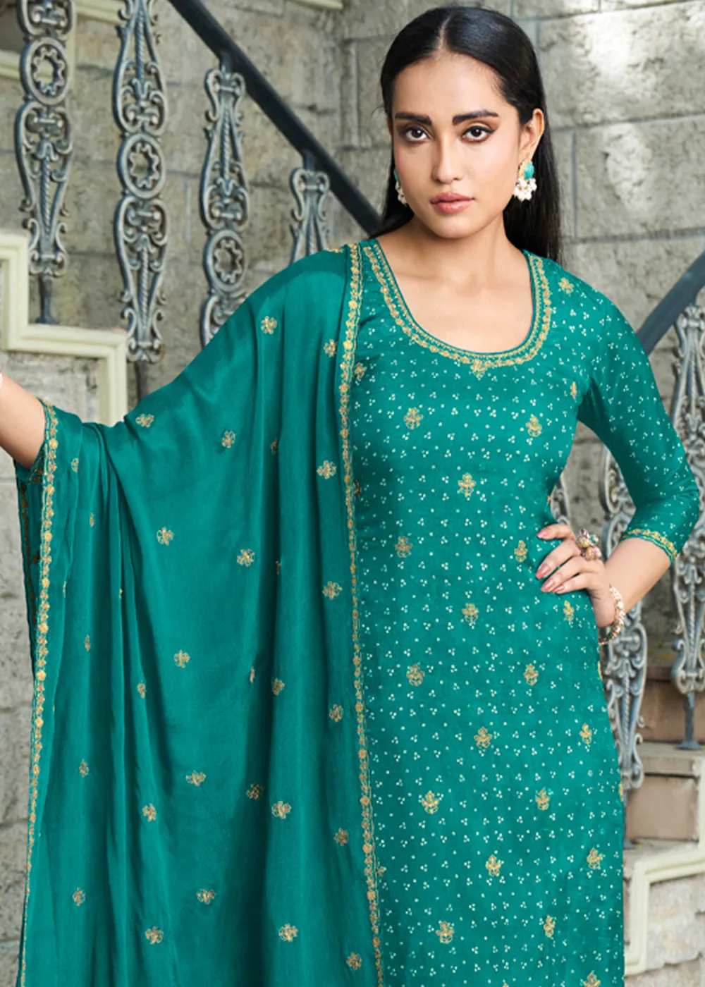 Dark Persian Green Dola Silk Kurta with Bandhani Print and Zari Accents