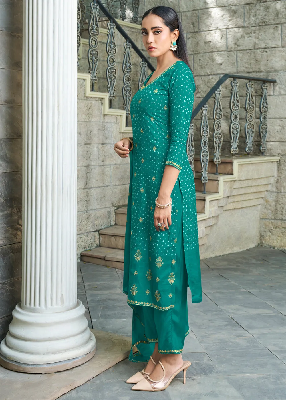 Dark Persian Green Dola Silk Kurta with Bandhani Print and Zari Accents