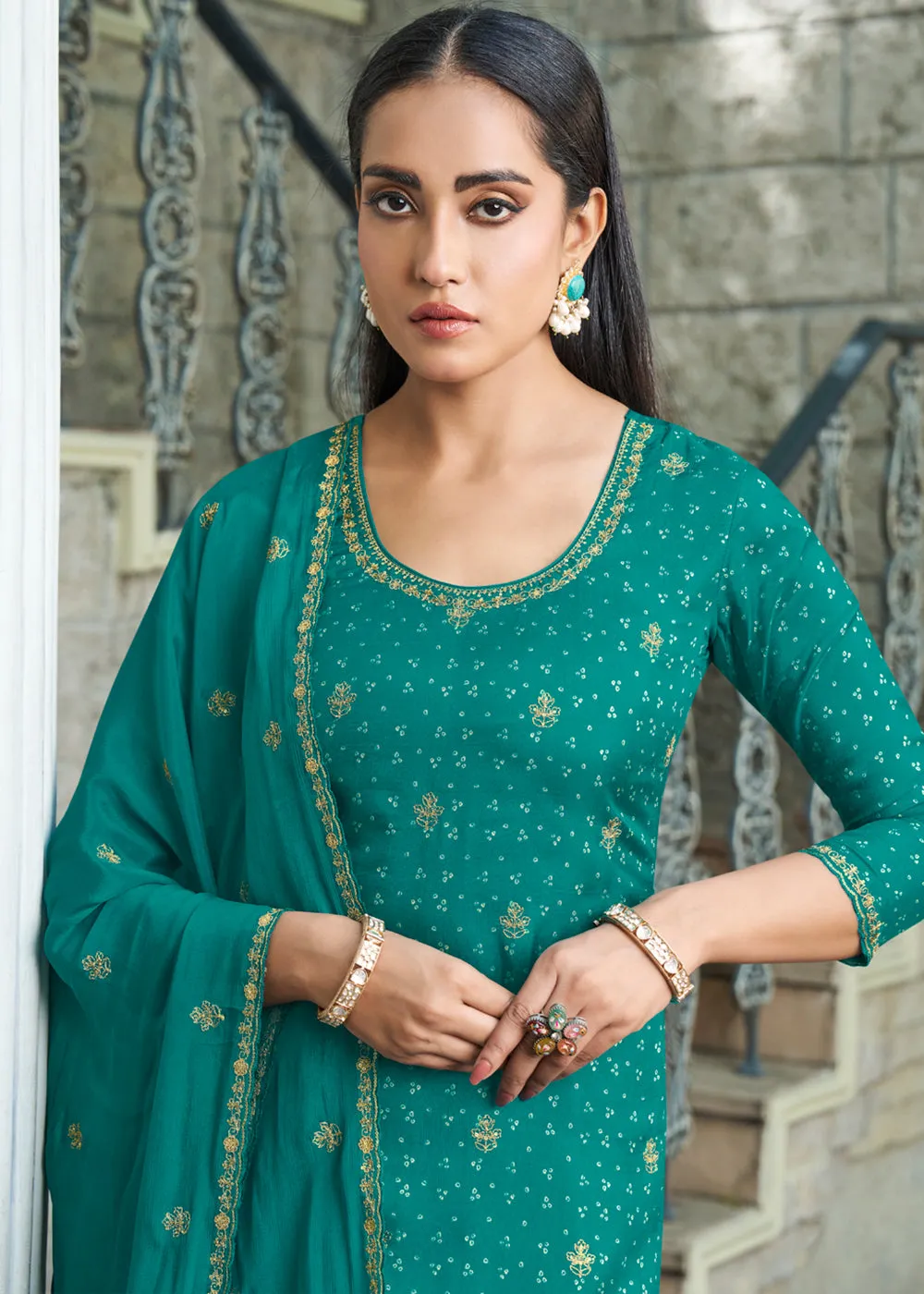 Dark Persian Green Dola Silk Kurta with Bandhani Print and Zari Accents