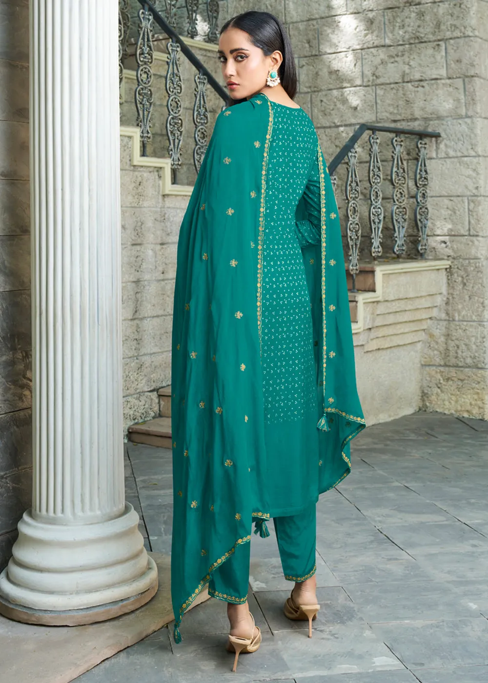 Dark Persian Green Dola Silk Kurta with Bandhani Print and Zari Accents