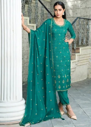 Dark Persian Green Dola Silk Kurta with Bandhani Print and Zari Accents