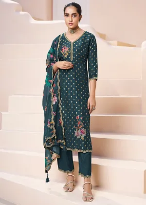 Dark Teal Green Dola Silk Suit Adorned with Applique Patch and Sequin Work