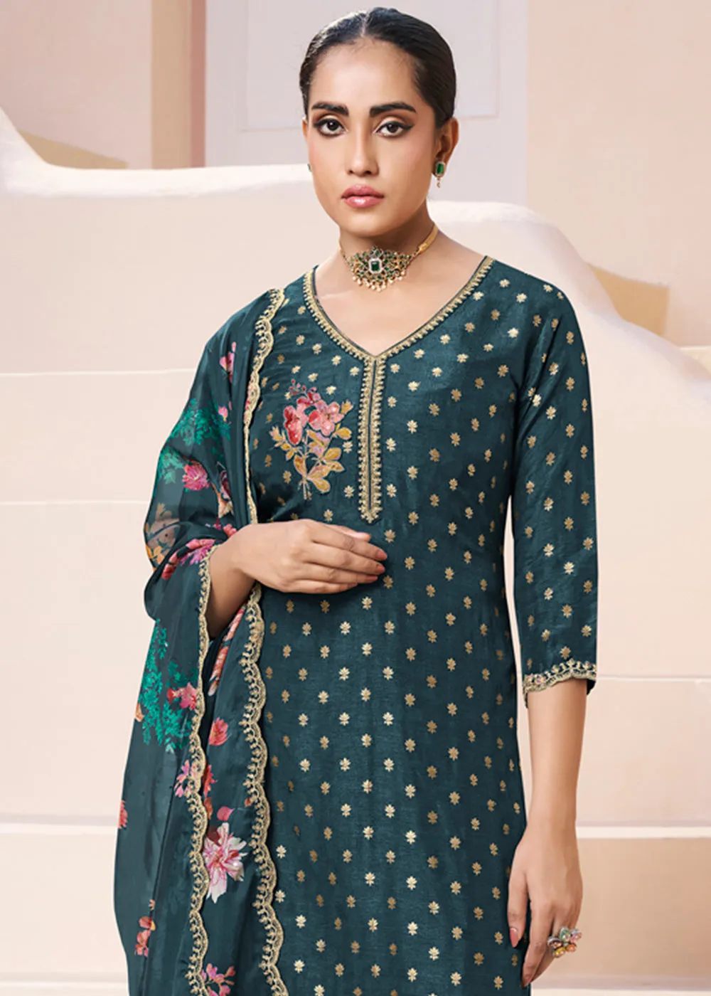 Dark Teal Green Dola Silk Suit Adorned with Applique Patch and Sequin Work