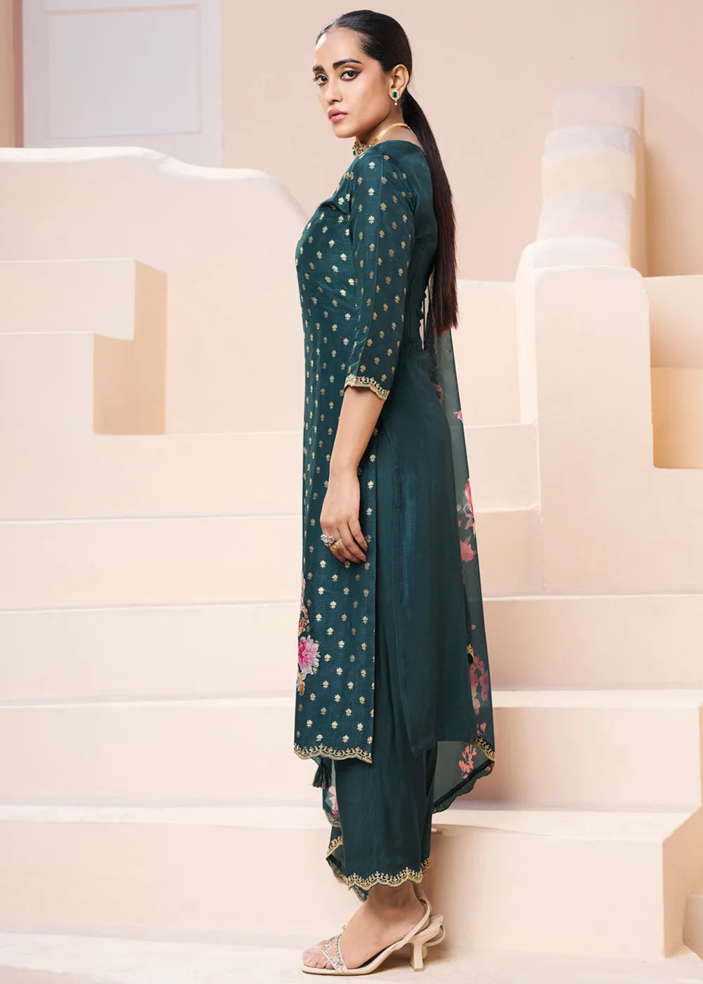 Dark Teal Green Dola Silk Suit Adorned with Applique Patch and Sequin Work