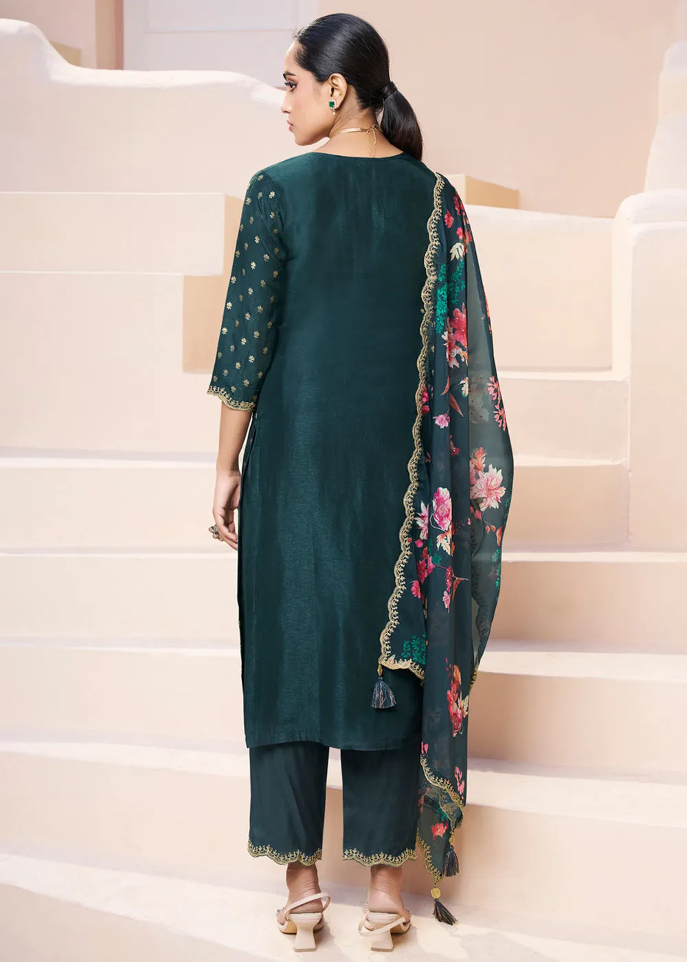 Dark Teal Green Dola Silk Suit Adorned with Applique Patch and Sequin Work