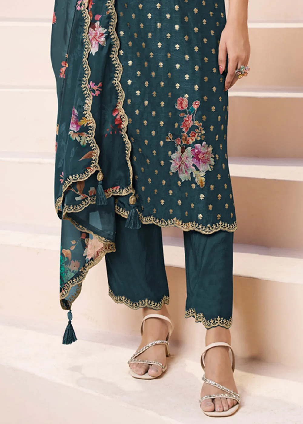 Dark Teal Green Dola Silk Suit Adorned with Applique Patch and Sequin Work