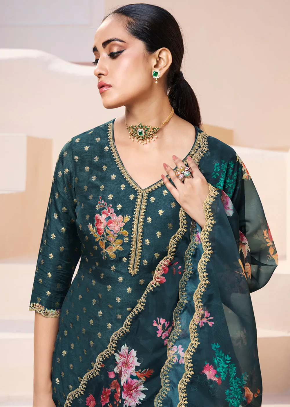 Dark Teal Green Dola Silk Suit Adorned with Applique Patch and Sequin Work