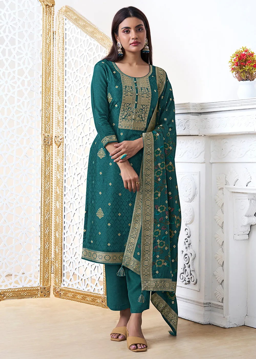 Dark Teal Green Dola Silk with Jacquard Weave Kurta Suit Set