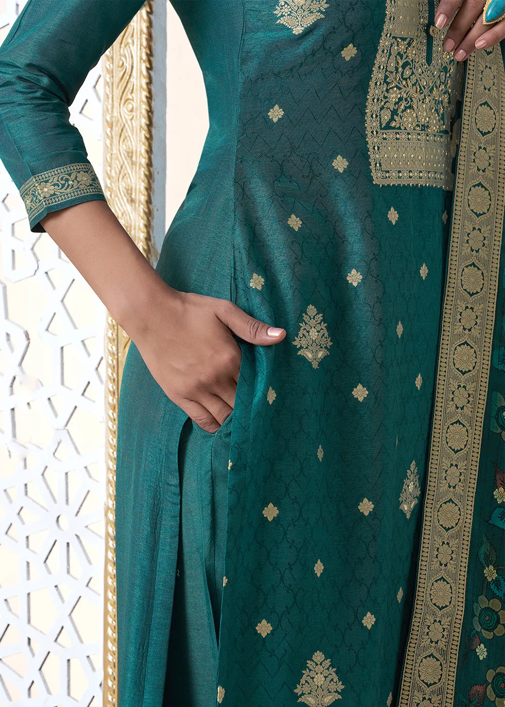 Dark Teal Green Dola Silk with Jacquard Weave Kurta Suit Set