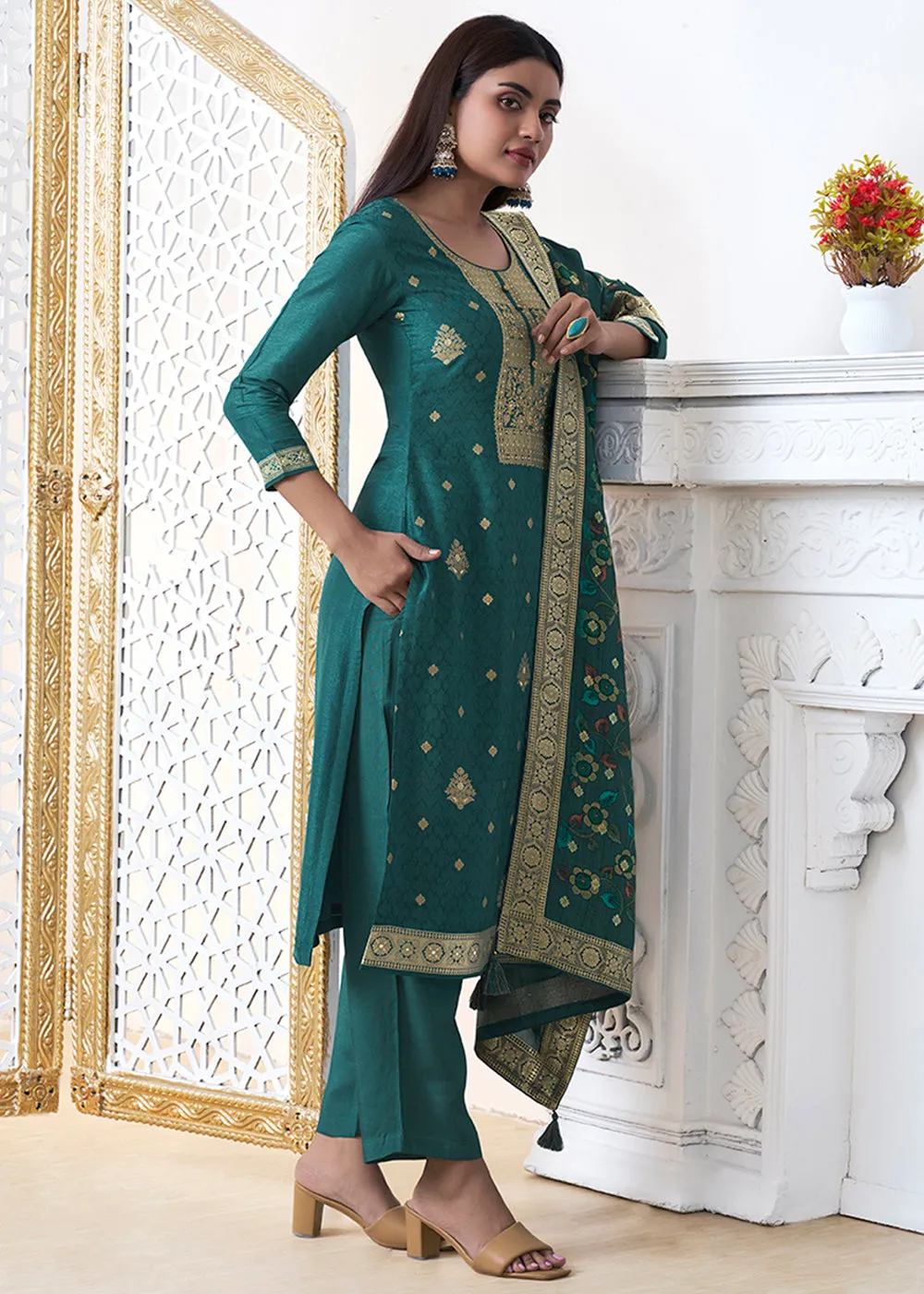 Dark Teal Green Dola Silk with Jacquard Weave Kurta Suit Set