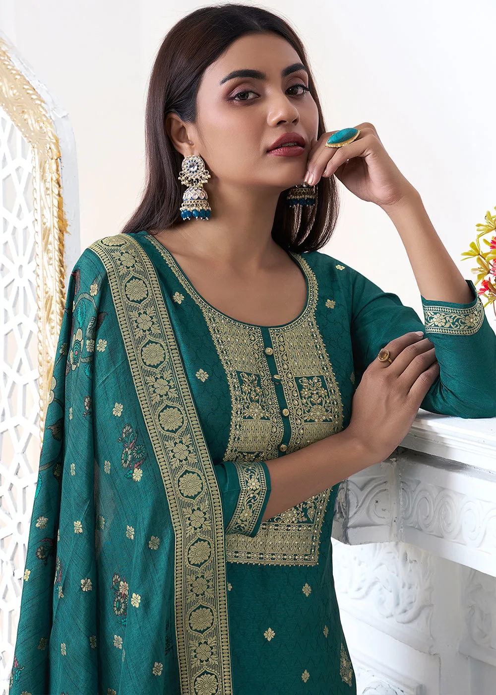 Dark Teal Green Dola Silk with Jacquard Weave Kurta Suit Set