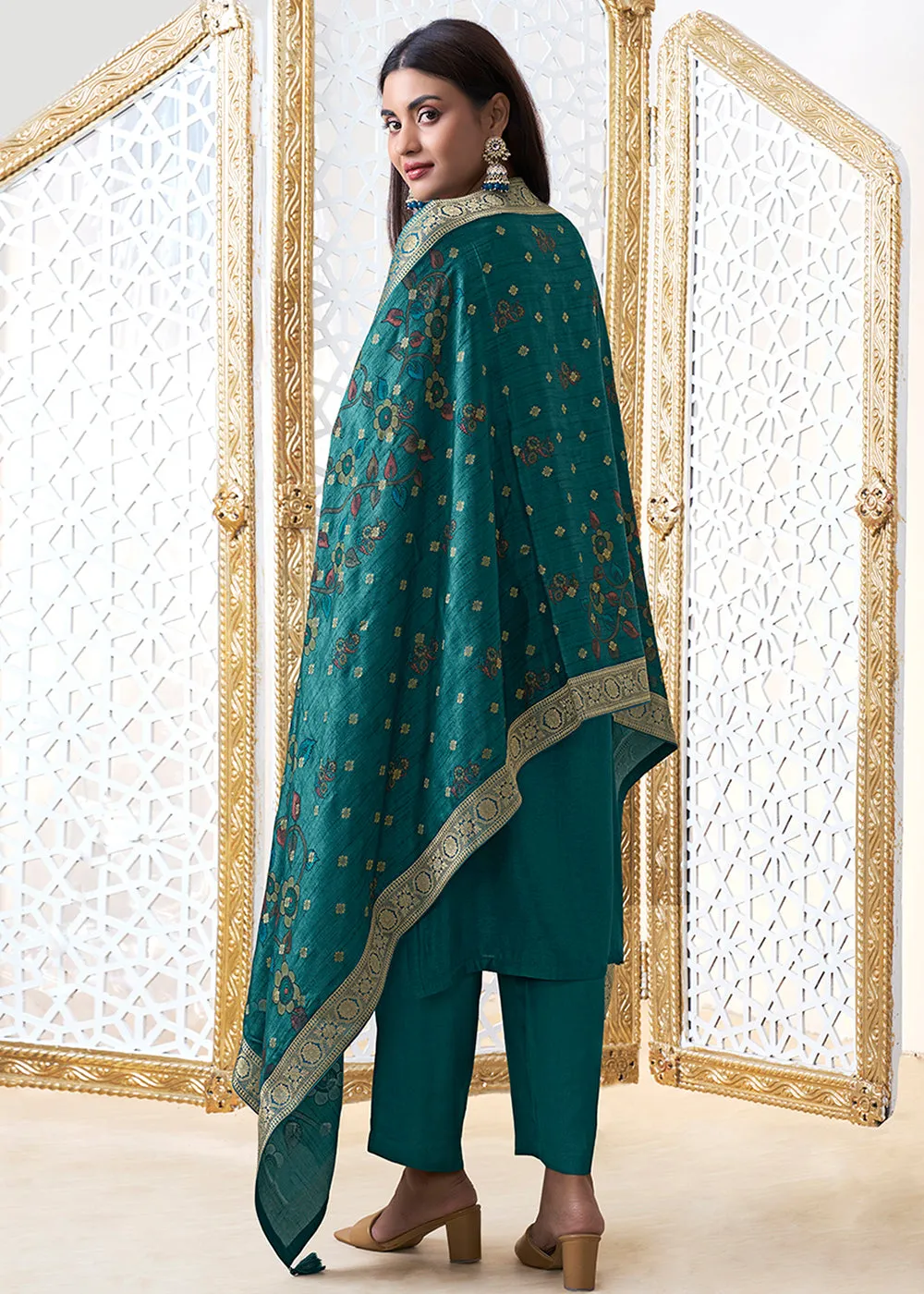 Dark Teal Green Dola Silk with Jacquard Weave Kurta Suit Set