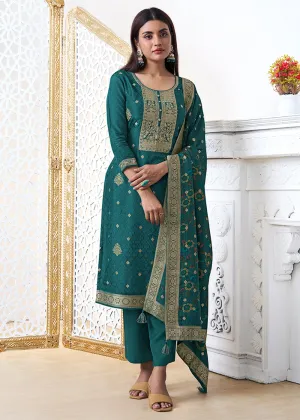 Dark Teal Green Dola Silk with Jacquard Weave Kurta Suit Set