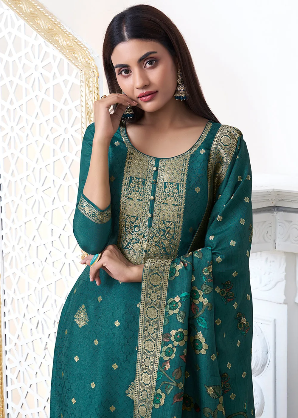 Dark Teal Green Dola Silk with Jacquard Weave Kurta Suit Set