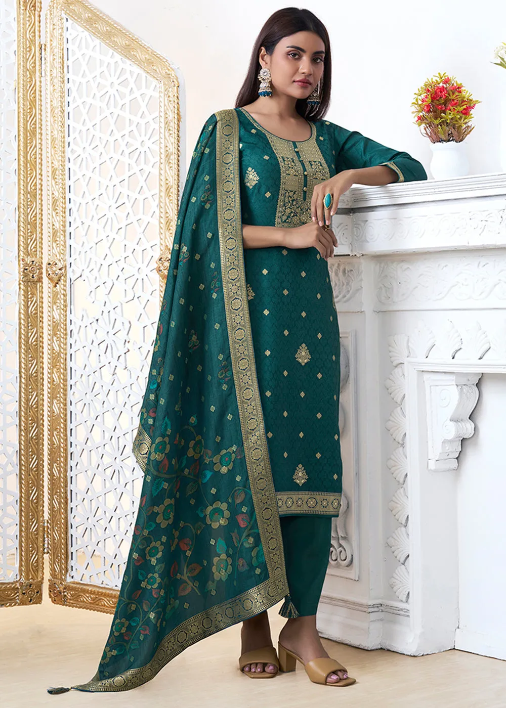 Dark Teal Green Dola Silk with Jacquard Weave Kurta Suit Set