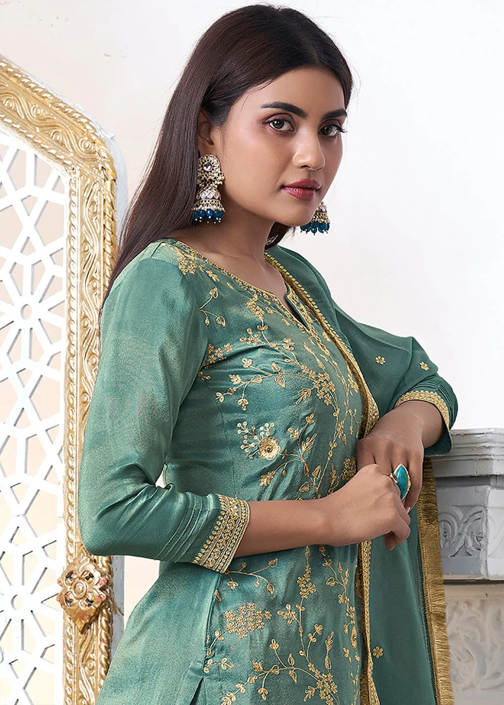 Dusty Green Tissue Silk Sharara Suit Set with Pitta Work and Gold Jhalar Dupatta