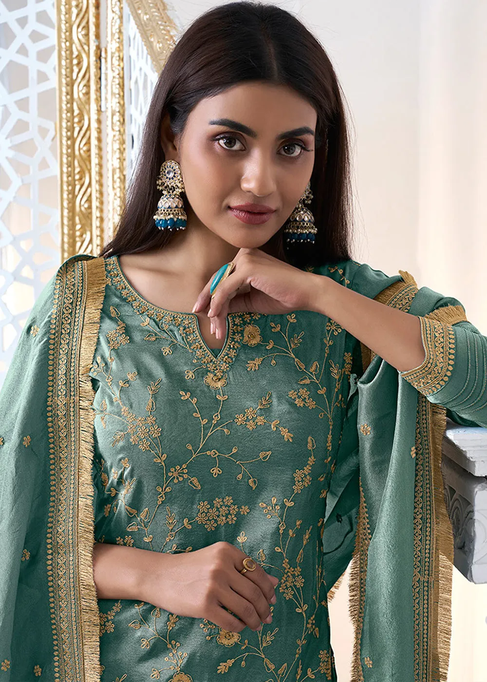 Dusty Green Tissue Silk Sharara Suit Set with Pitta Work and Gold Jhalar Dupatta