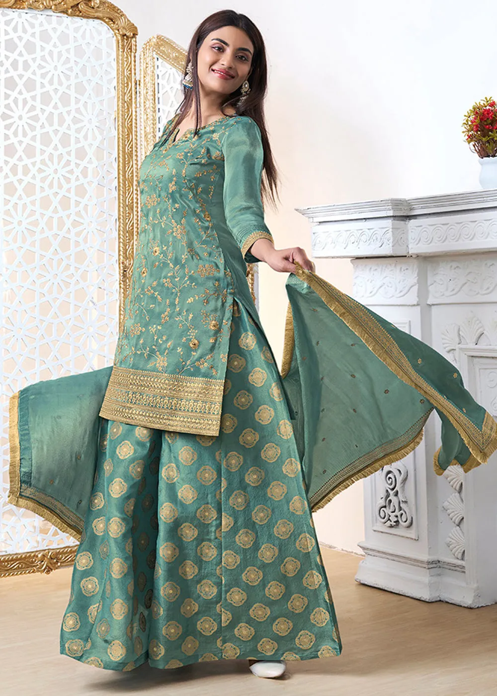 Dusty Green Tissue Silk Sharara Suit Set with Pitta Work and Gold Jhalar Dupatta