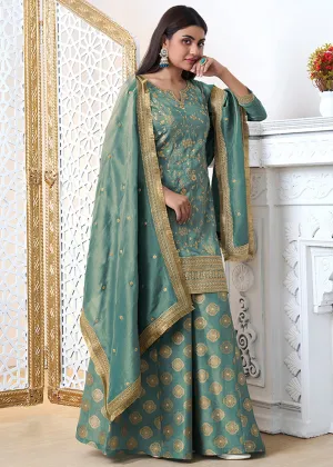 Dusty Green Tissue Silk Sharara Suit Set with Pitta Work and Gold Jhalar Dupatta