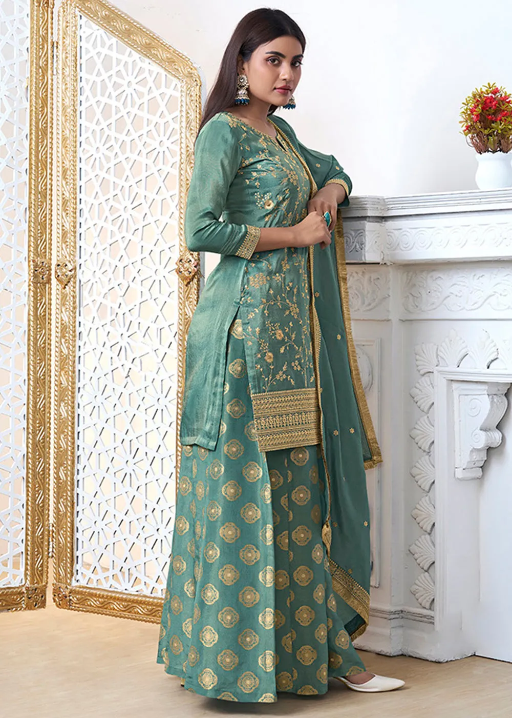 Dusty Green Tissue Silk Sharara Suit Set with Pitta Work and Gold Jhalar Dupatta