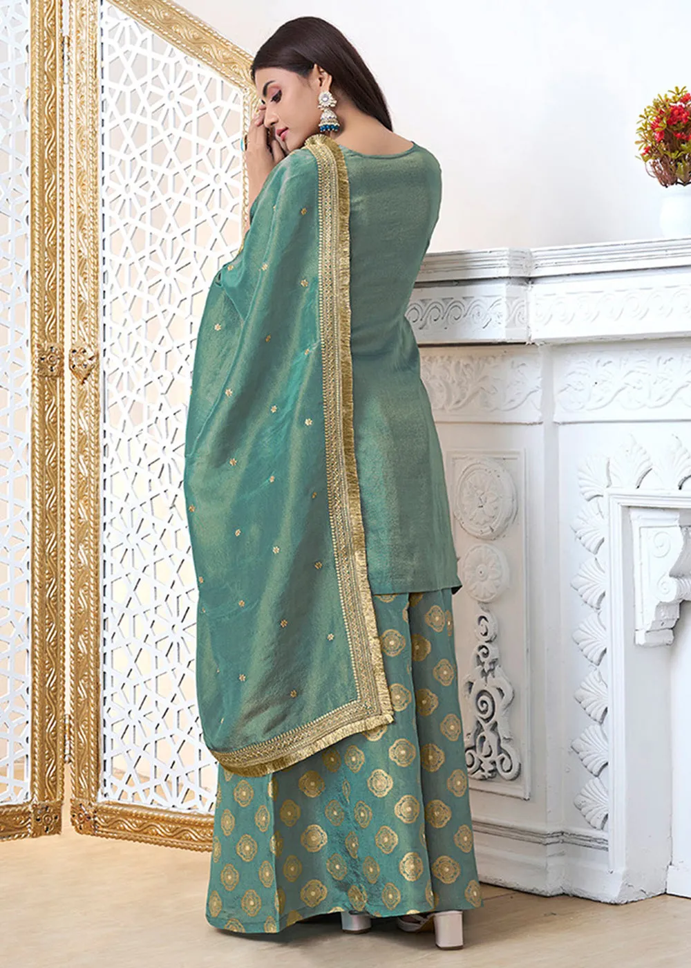 Dusty Green Tissue Silk Sharara Suit Set with Pitta Work and Gold Jhalar Dupatta