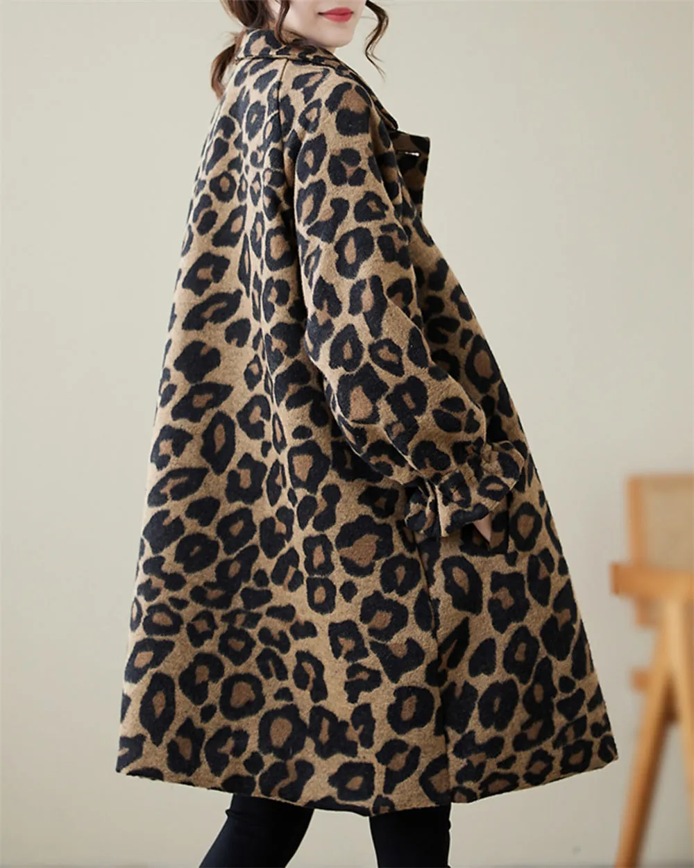 ellazhu Women's Popular Leopard Print Coat Buttons Down Lapel Top GZ72