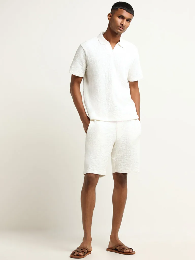 ETA White Mid-Rise Textured Cotton Blend Relaxed Fit Shorts