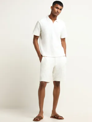ETA White Mid-Rise Textured Cotton Blend Relaxed Fit Shorts