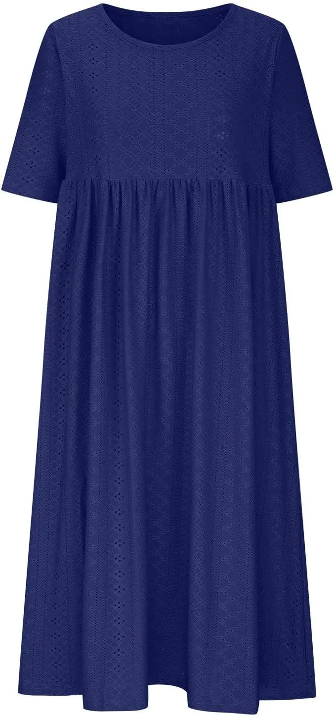Eyelet Sundress for Women Hollow Out Embroidery & Breathable O-Neck Beach Dress Casual Midi Dress with Pockets