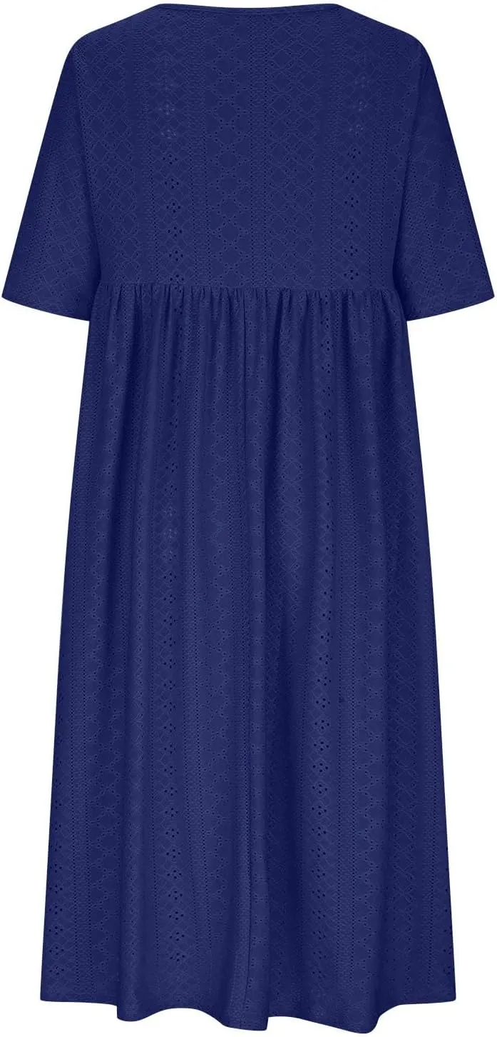 Eyelet Sundress for Women Hollow Out Embroidery & Breathable O-Neck Beach Dress Casual Midi Dress with Pockets