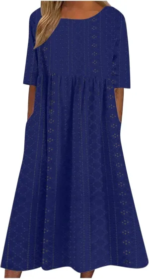 Eyelet Sundress for Women Hollow Out Embroidery & Breathable O-Neck Beach Dress Casual Midi Dress with Pockets