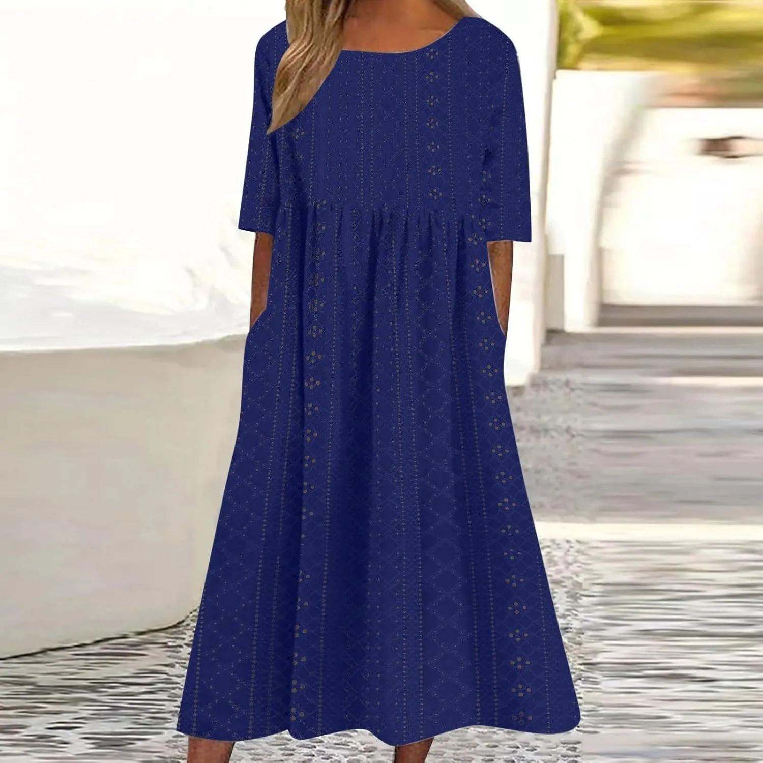 Eyelet Sundress for Women Hollow Out Embroidery & Breathable O-Neck Beach Dress Casual Midi Dress with Pockets