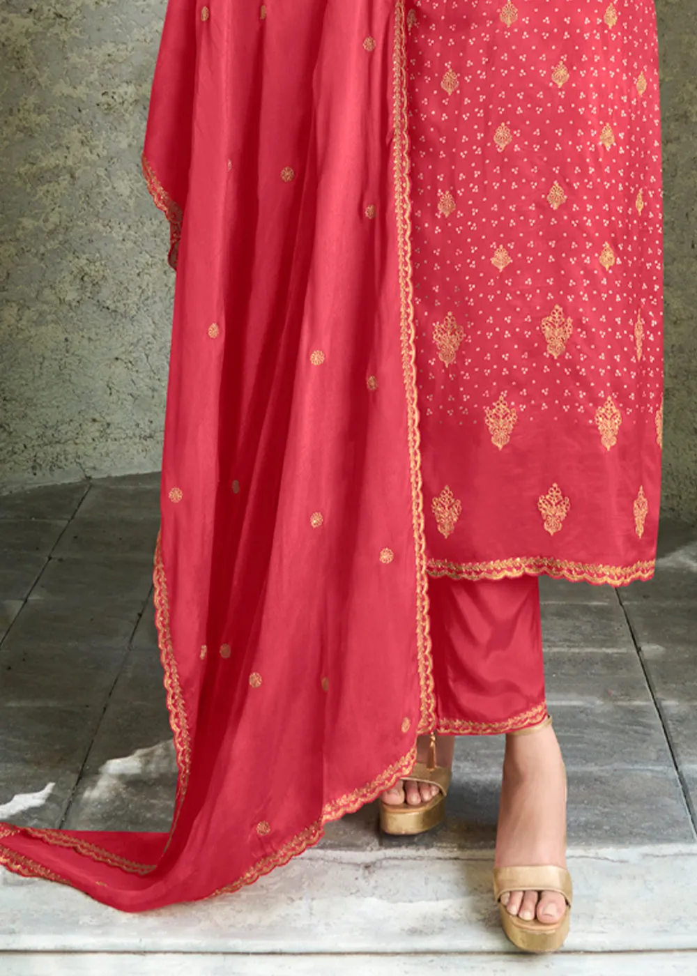 Fiery Red-Pink Dola Silk Suit with Bandhani Print and Zari work