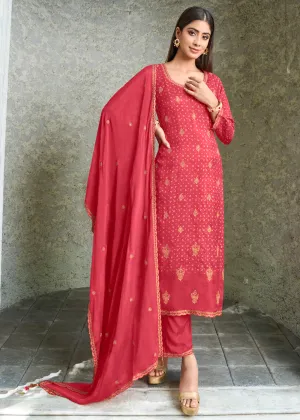 Fiery Red-Pink Dola Silk Suit with Bandhani Print and Zari work