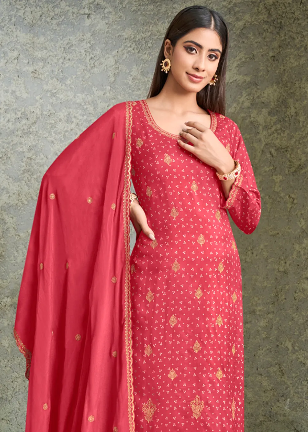 Fiery Red-Pink Dola Silk Suit with Bandhani Print and Zari work