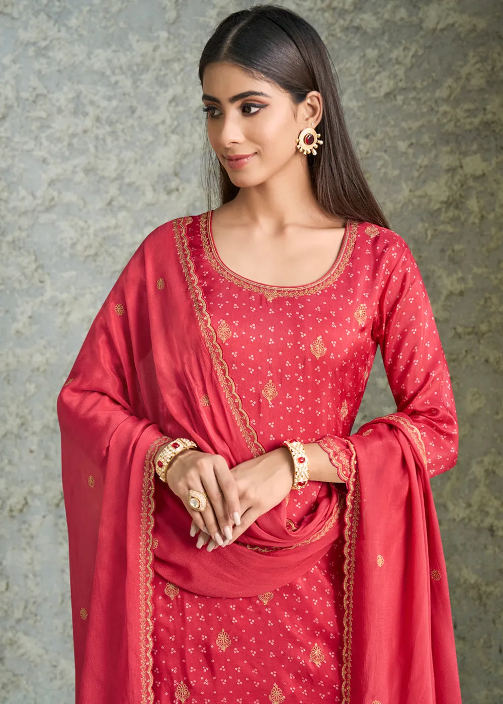 Fiery Red-Pink Dola Silk Suit with Bandhani Print and Zari work