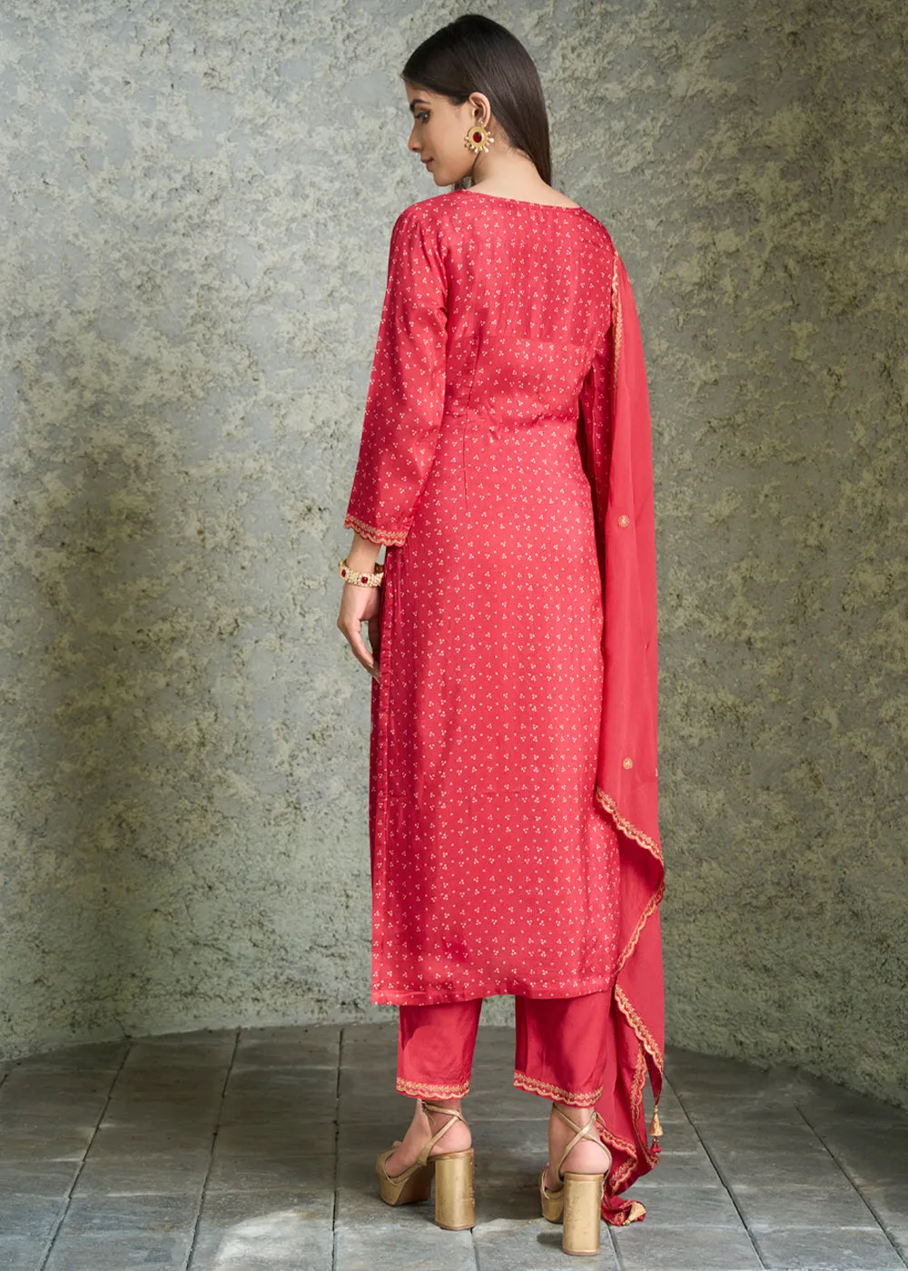 Fiery Red-Pink Dola Silk Suit with Bandhani Print and Zari work